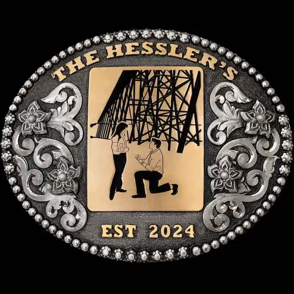 "Celebrate life's best memories with our Southern Pines Custom Belt Buckle. This Buckle is crafted on a German Silver base with a matted finish. Framed with a mixed berry & beaded edge, the German Silver scrolls, flowers and Jeweler's Bronze lett